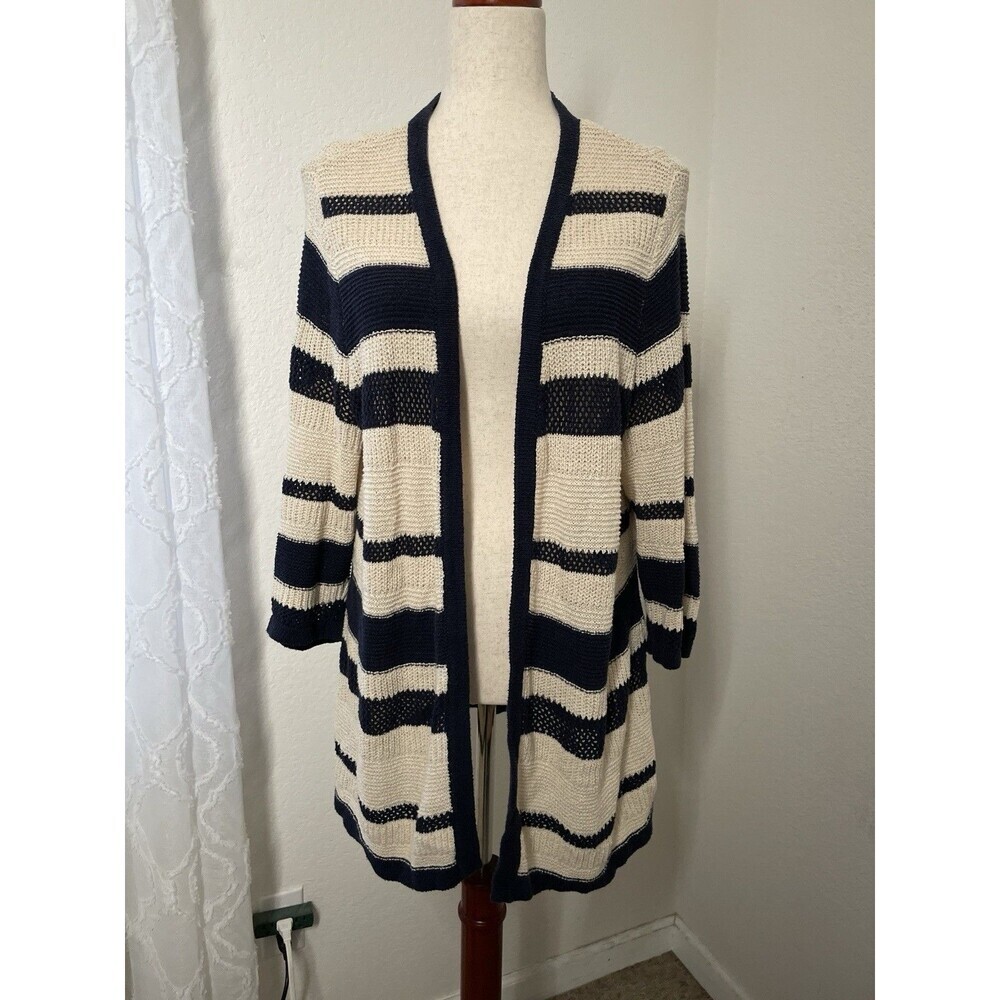 CJ Banks Women Navy Beige Striped Long Line Cardigan Sweater Plus Size X Preppy